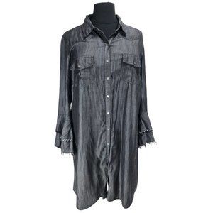 indigo thread Women Button Up shirt Dress Plus Sz 3X Gray Chambray Bell SLV 224P